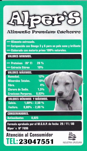 Alimento para cachorros, de excelente calidad, todos los componentes descriptos son reales y las proporciones también.
Oferta 25kg. $1250
Envío gratis.
Tel. 098449166